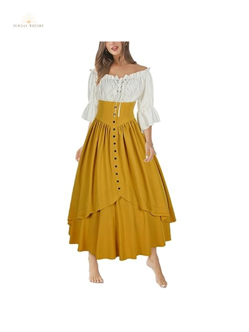 Women Renaissance Medieval Costume Set Polyester Off Shoulder Top High Waisted